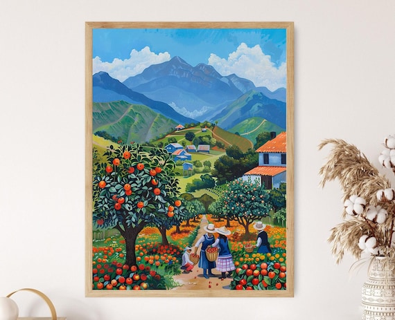 Chilean Fruit Orchard Painting Farmers Picking Apples Traditional Clothing And Scenic Countryside