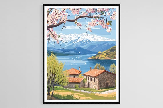 Prespa Lake Orchards Art Print Macedonia Blooming Fruit Trees Rural Scene