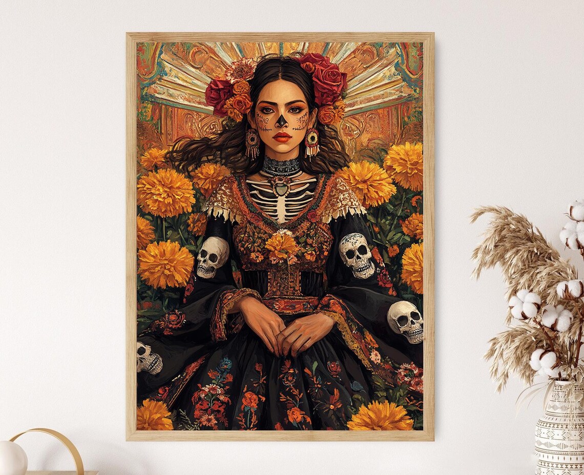 Chicana Catrina Day of the Dead Marigolds Dress Portrait Poster