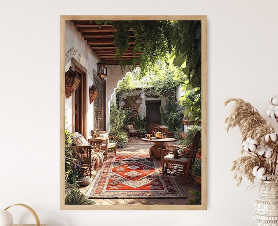 Peshawar Patio Art Print Kilim Rug Decor Poster Brass Tea Set Illustration