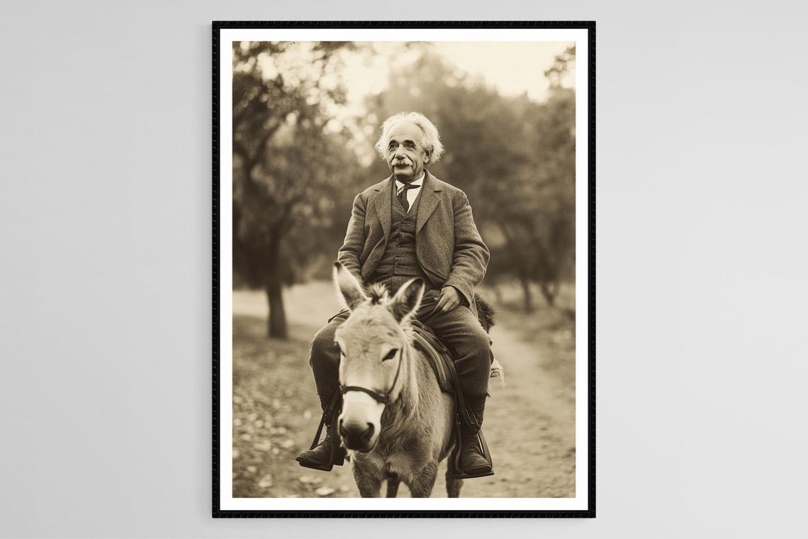 Albert Einstein Riding Donkey Funny Vintage Photo Print