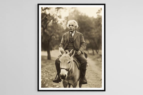 Albert Einstein Riding Donkey Funny Vintage Photo Print