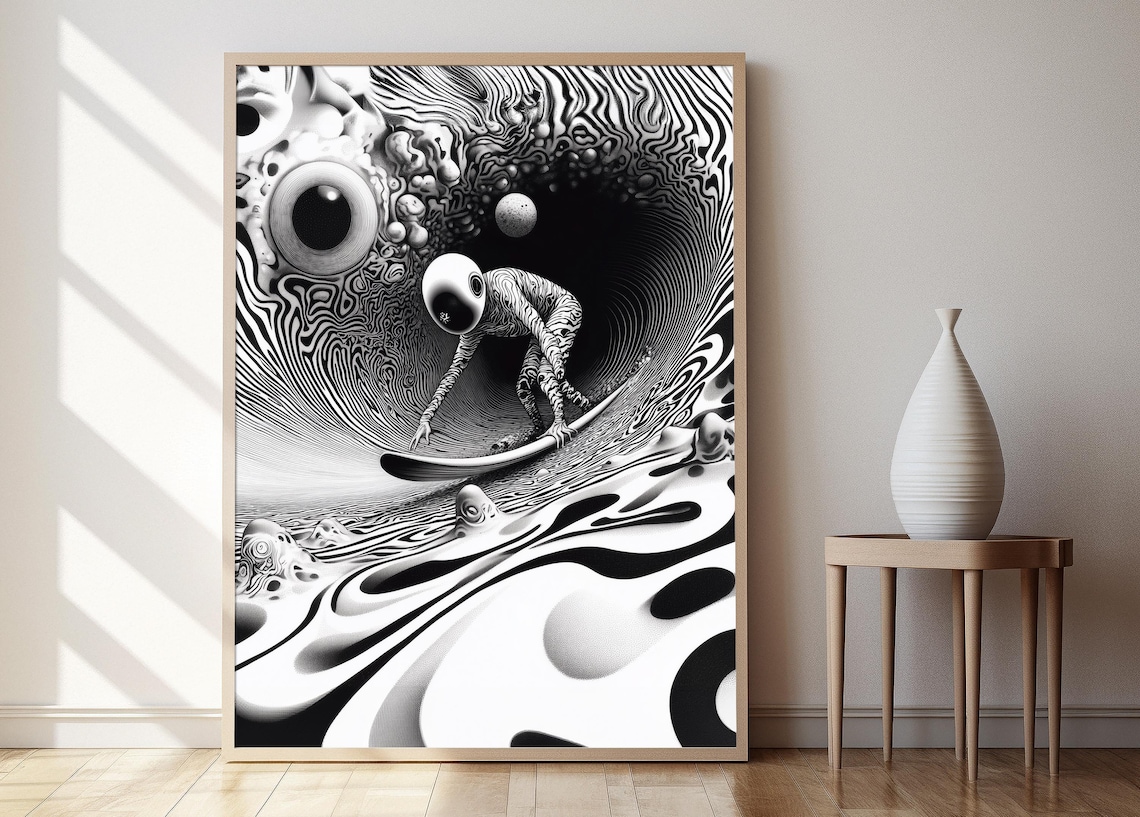 Psychedelic Surfing, Black And White Abstract Space Surfer