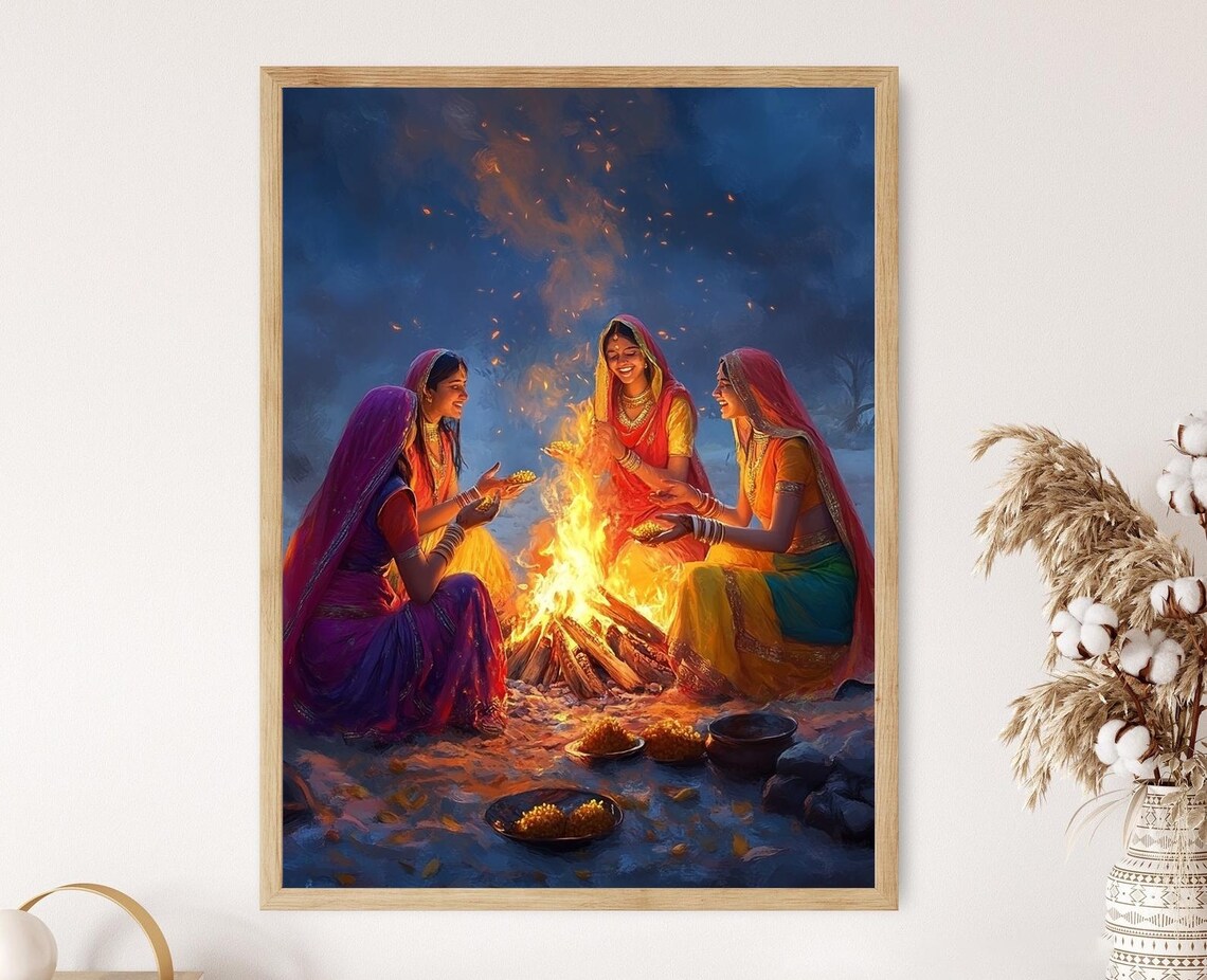 Punjabi Lohri Celebration Art Print, Women Singing Bonfire