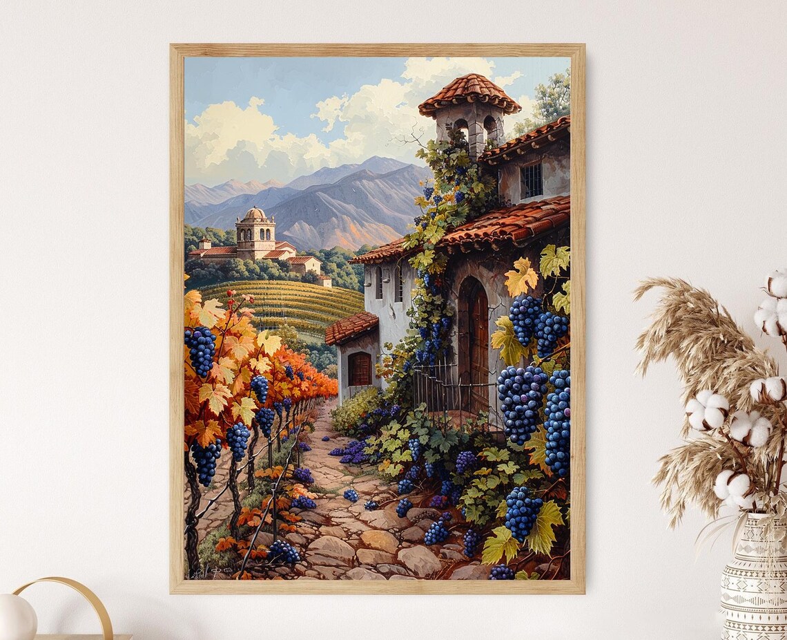 Autumn Vineyard With Ripe Purple Grapes and Stone Farmhouse Poster