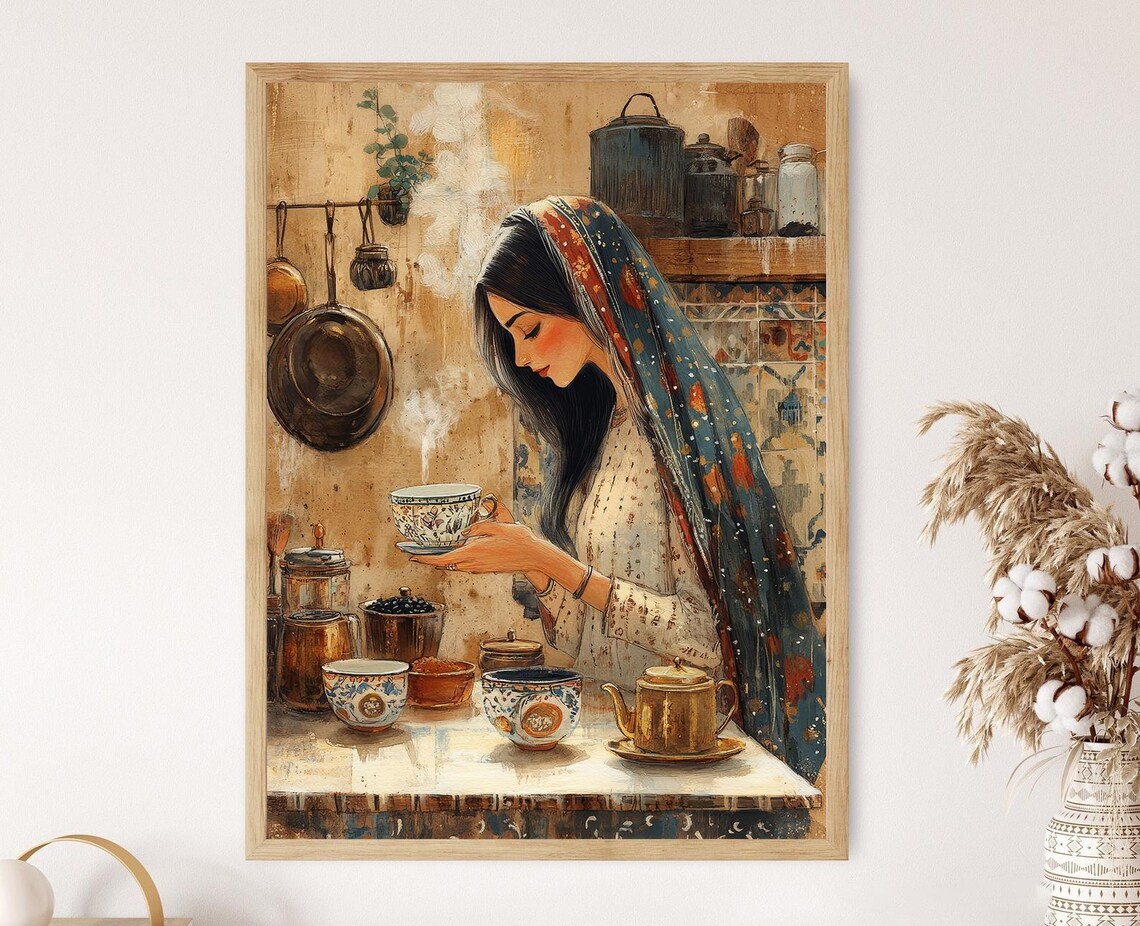 Kurdish Black Tea Art Print, Rustic Kitchen Newroz