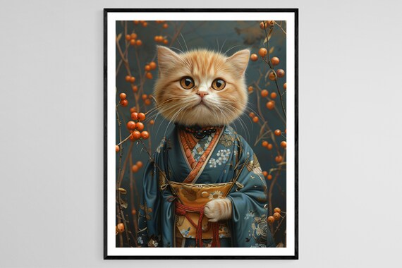 Orange Kitten Wearing Blue Kimono Among Red Winter Berries Poster