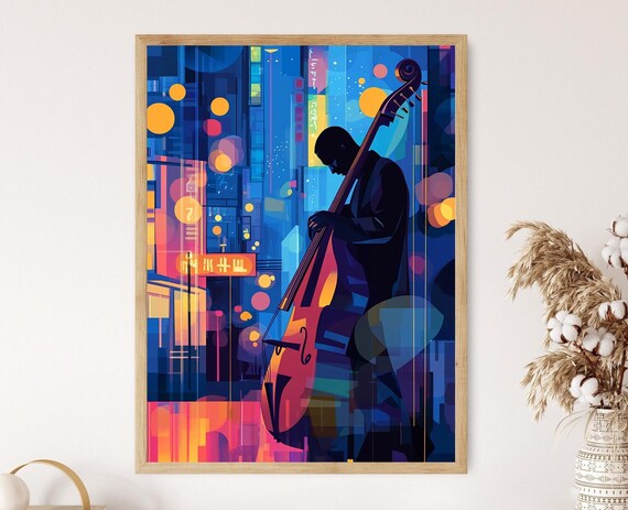 Neon City Night Jazz Bassist Silhouette with Glowing Street Signs Poster