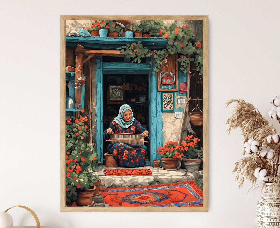 Old Kurdish Woman Weaving Iraqi Kilim Middle Eastern Gift
