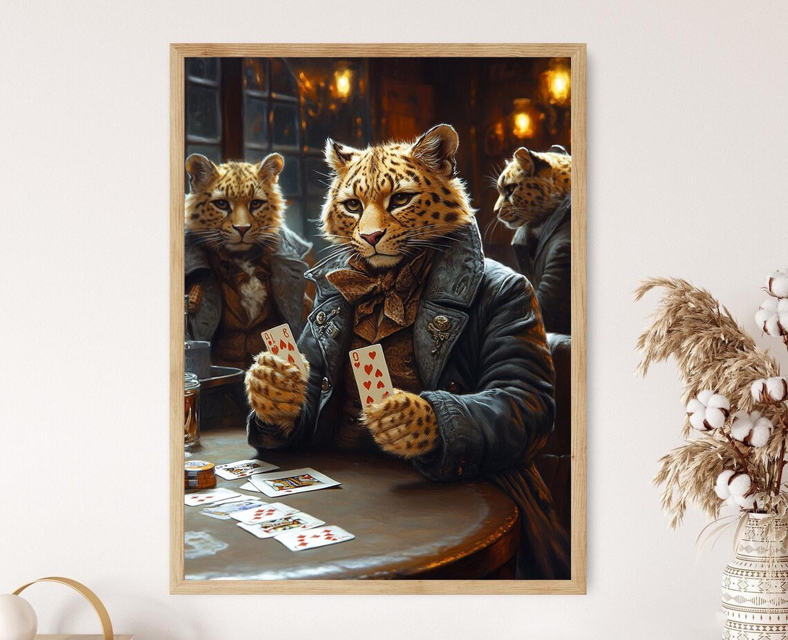 Leopards Playing Poker Cards Victorian Pub Funny Animal Art Poster