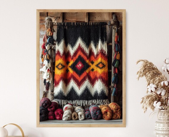 Mexican Zapotec Tapestry, Oaxaca Geometric Decor