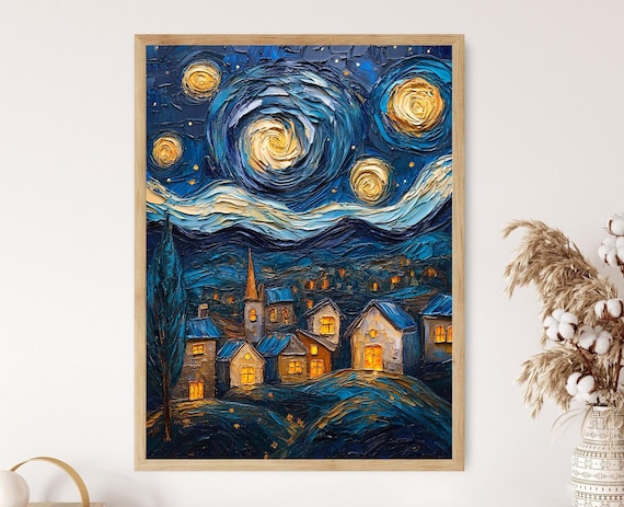Starry Night Village Glowing Windows Swirling Blue Sky Poster