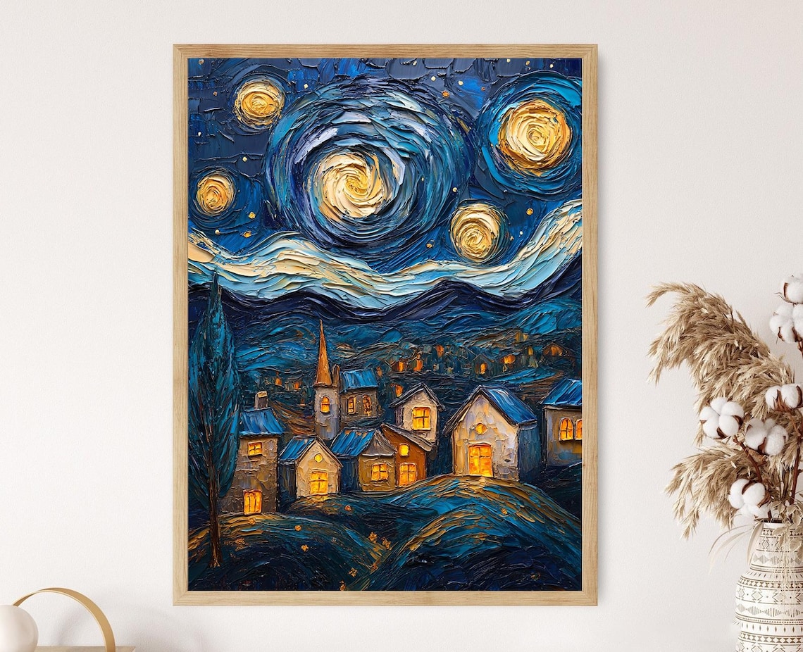 Starry Night Village Glowing Windows Swirling Blue Sky Poster