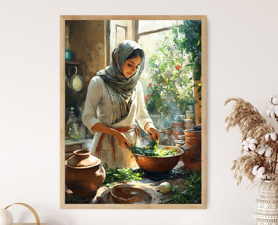 Palestinian Woman Cooking Fresh Greens In Sunlit Village Kitchen Poster