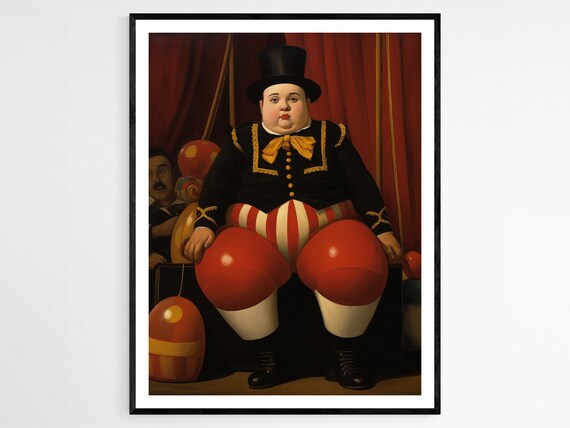 Chubby Circus Clown Seated Top Hat Whimsical Botero Style Art Poster