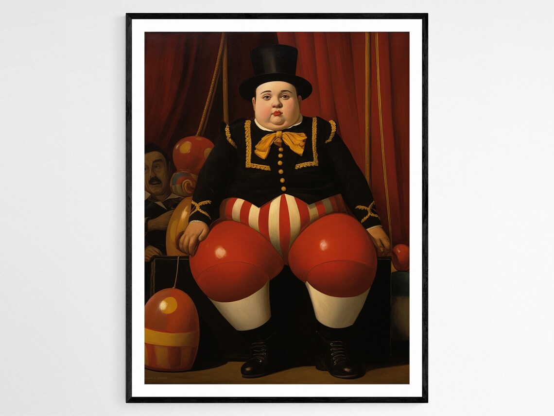 Chubby Circus Clown Seated Top Hat Whimsical Botero Style Art Poster
