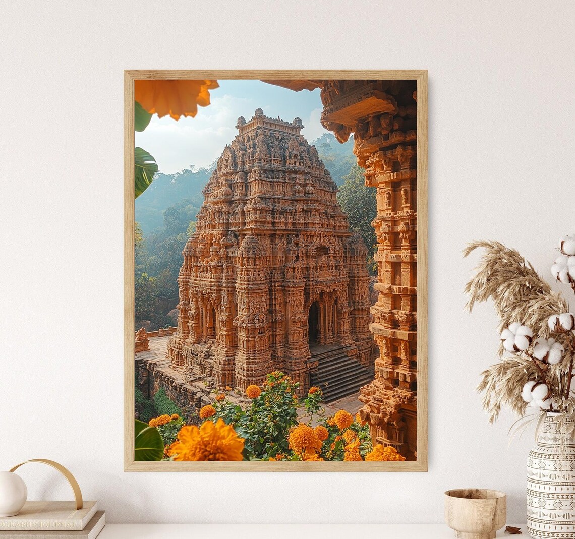 Ancient Sun Temple Stone Tower Framed by Marigold Flowers Poster