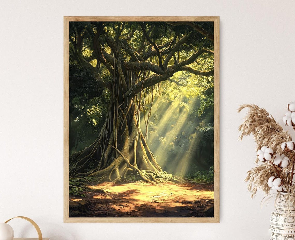 Ancient Banyan Tree Mystical Roots Exotic Nature Art