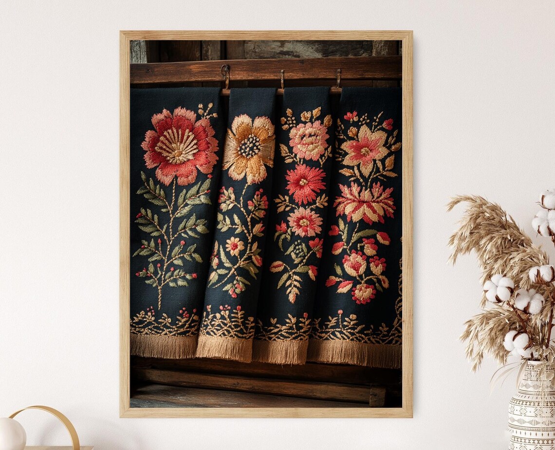 Lithuanian Emaitija Embroidery Art Print, Folk Floral