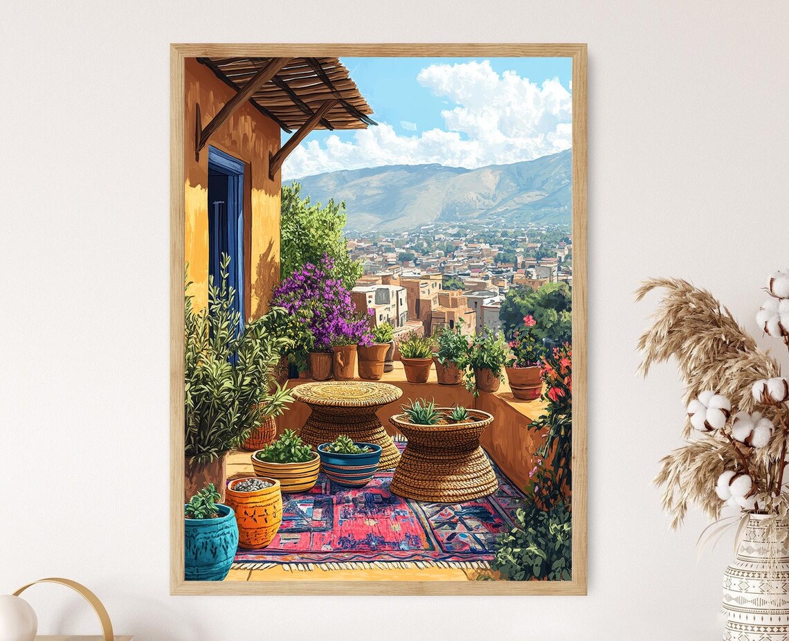 Ethiopian Rooftop Patio Art Print Woven Mesob Table Poster Clay Coffee Pot Illustration