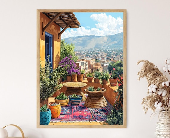 Ethiopian Rooftop Patio Art Print Woven Mesob Table Poster Clay Coffee Pot Illustration