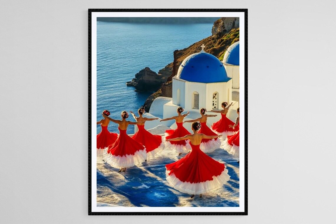 Greek Sirtaki Dance, Santorini Landscape Art Print