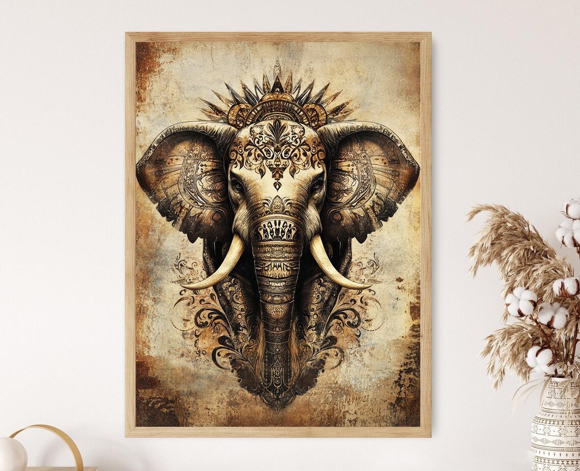 Ornately Decorated Elephant Head Vintage Sepia Tone Art Poster