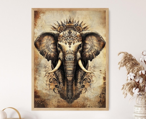 Ornately Decorated Elephant Head Vintage Sepia Tone Art Poster