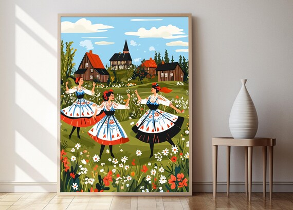 Latvian Folk Dance in a Flower Village Scene Baltic Culture Wall Poster