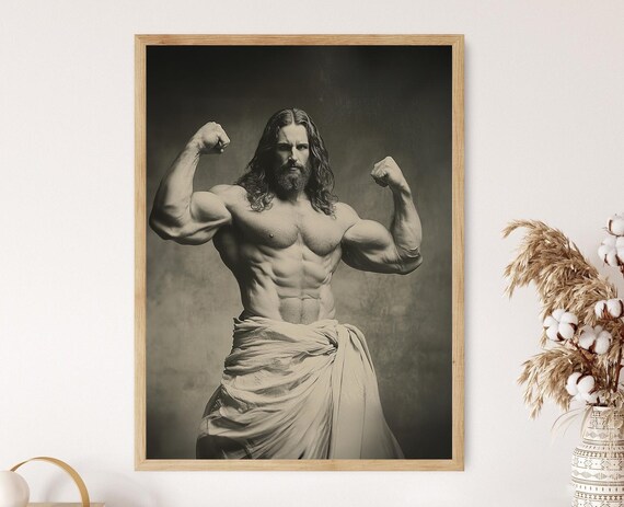 Muscular Jesus Bodybuilder Flexing Sepia Vintage Style Humor Art Poster
