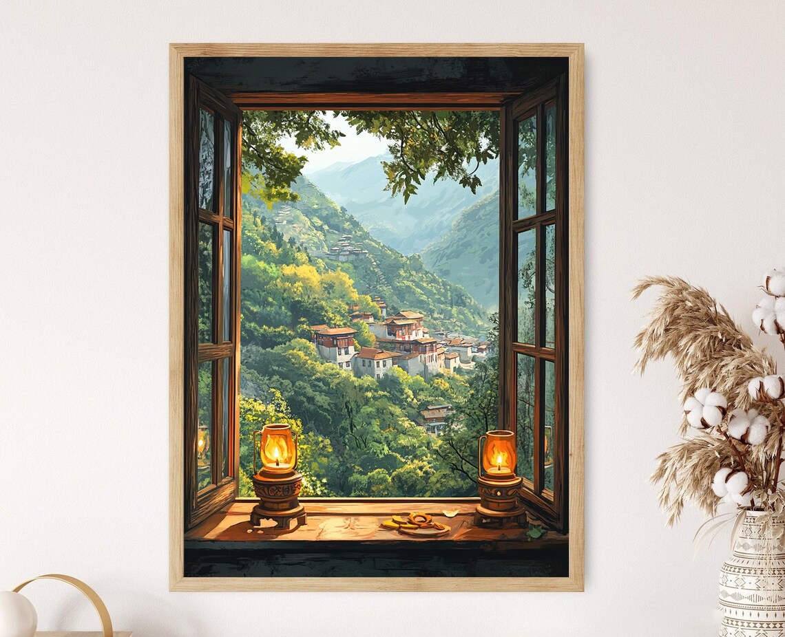 Tibetan Monastery Window with Butter Lamps and Prayer Beads View Poster
