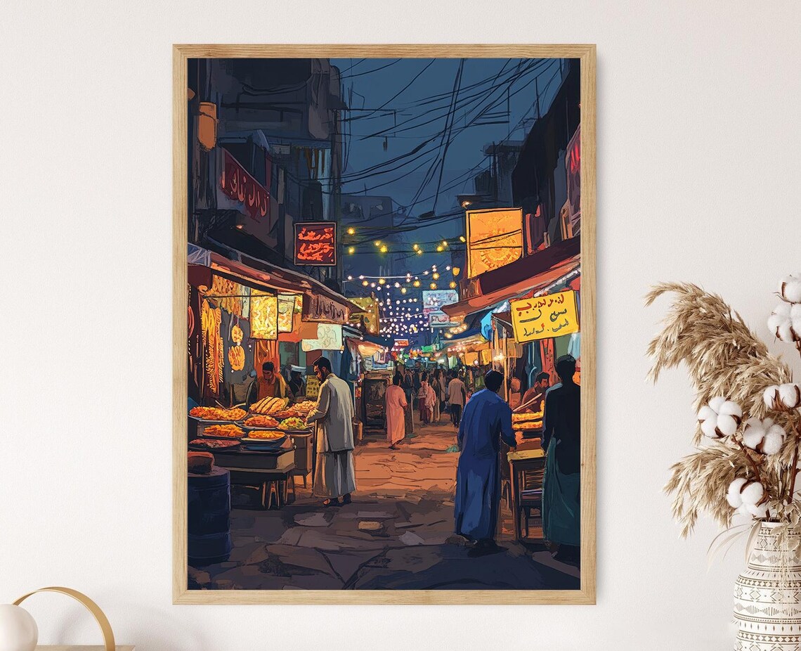 Lahore Food Street, Vibrant Pakistani City Scene Art Print