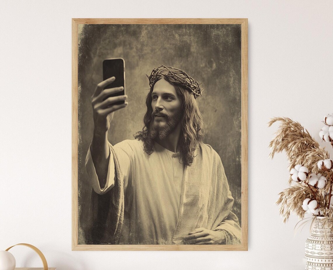 Jesus Taking Selfie Smartphone Crown Of Thorns Sepia Humor Art Poster