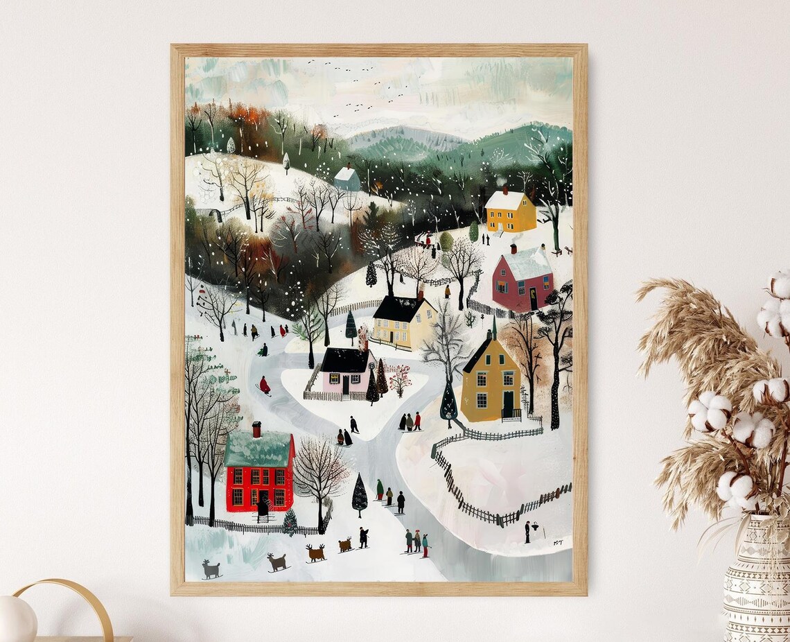 Whimsical Village Winter Scene, Art Print