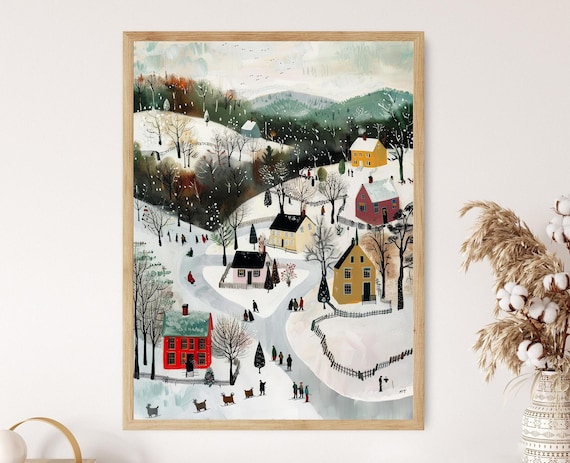 Whimsical Village Winter Scene, Art Print