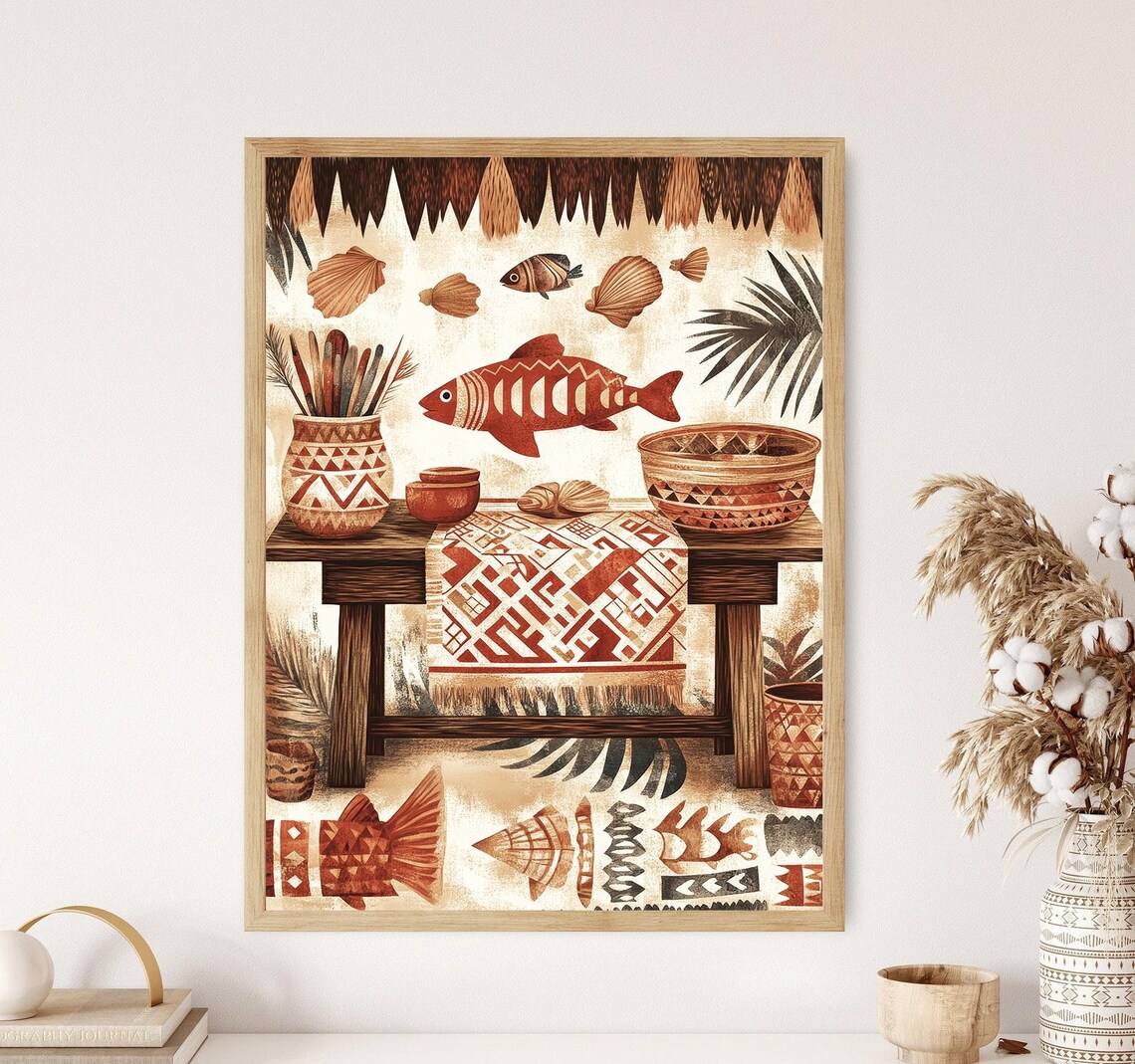 Fijian Masi Cloth Art Print, Traditional Oceanic Decor