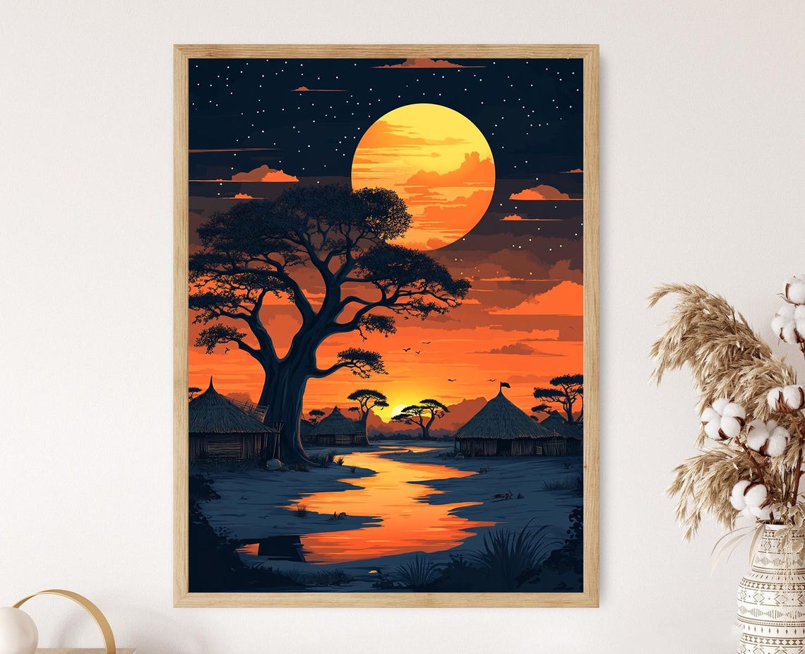 Sudanese Landscape Art Print Flat Vector Illustration Baobab Tree Decor