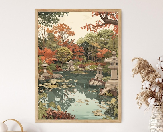 Serene Japanese Garden, Toshi Yoshida Style Art Print