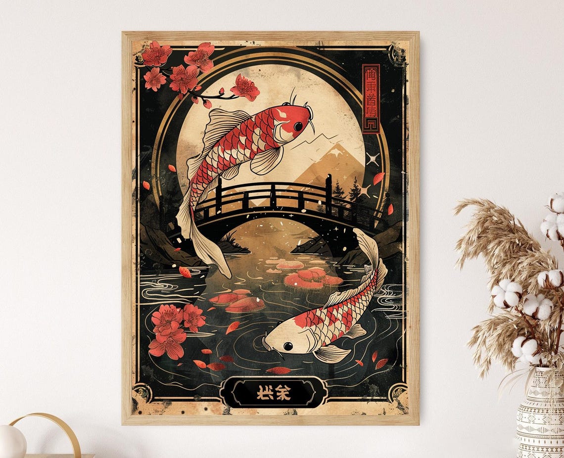 Japanese Hanafuda Art Print Traditional Koi Fish And Garden Illustration