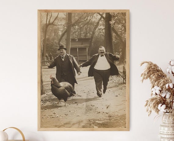 Obese Victorian Men Chasing Turkey Vintage Humor Art