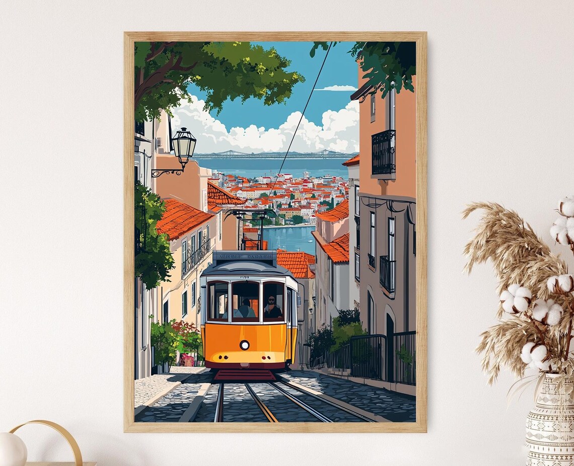 Lisbon Yellow Tram Alfama Flat Vector Portugal Streetcar Travel Poster