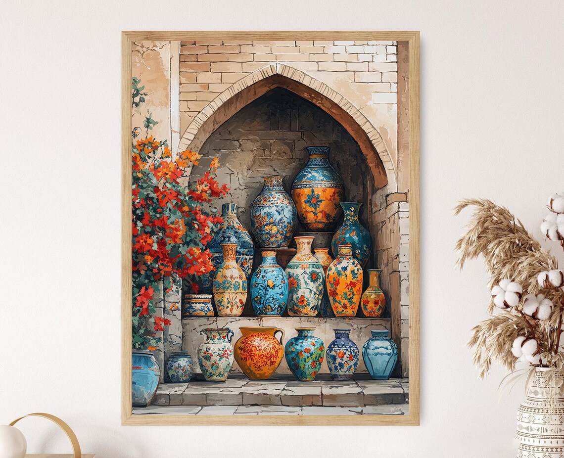 Iranian Pottery Art Print, Vibrant Market Scene