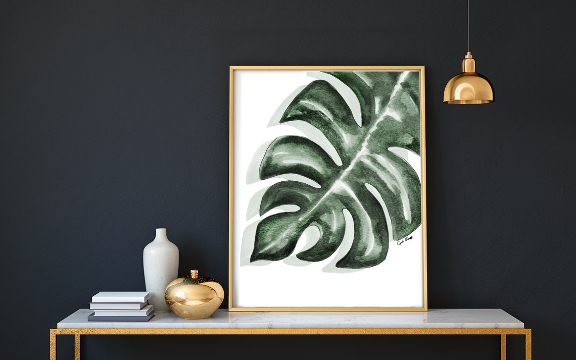 Single Monstera Leaf Shadow Watercolor Print Minimalist Botanical Art