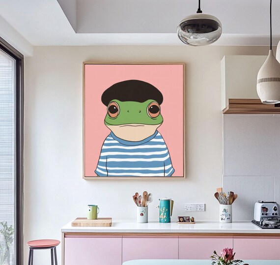 Cute Frog In Beret And Sailor Shirt On Pink Funny Animal Poster