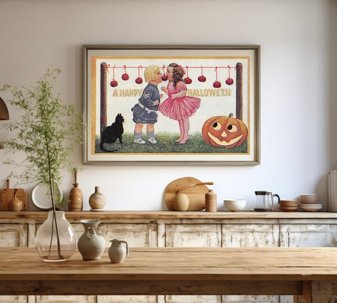 Classic Vintage Happy Hallowe'en Kids Bobbing Apples Art Poster