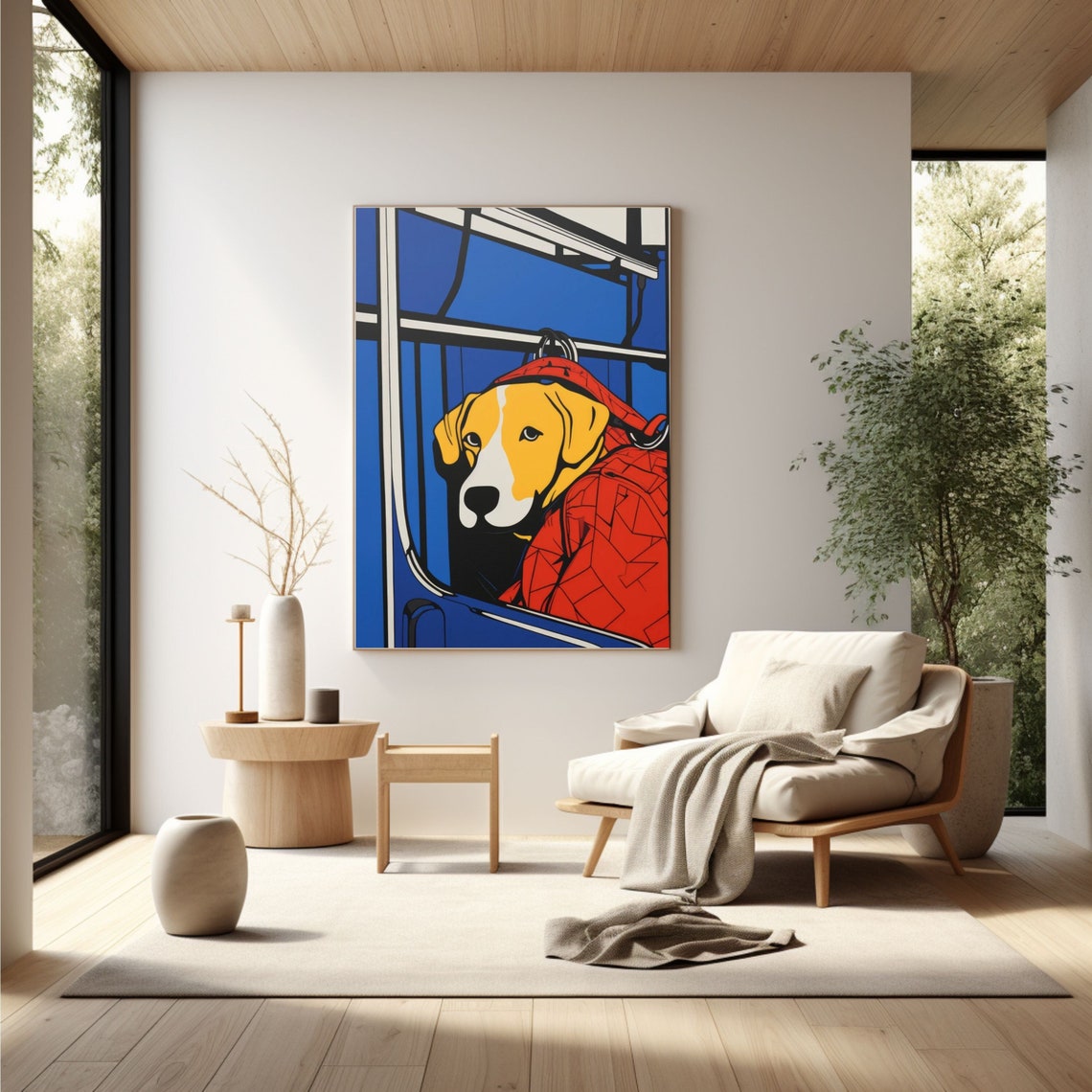 Funny Pop Art Yellow Dog Riding Inside a Red Travel Bag Poster