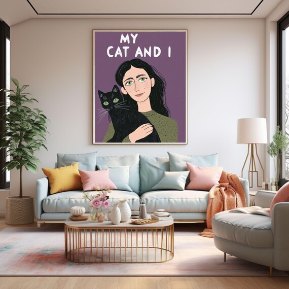 My Cat And I Poster Woman Hugging Her Black Cat On Purple Background