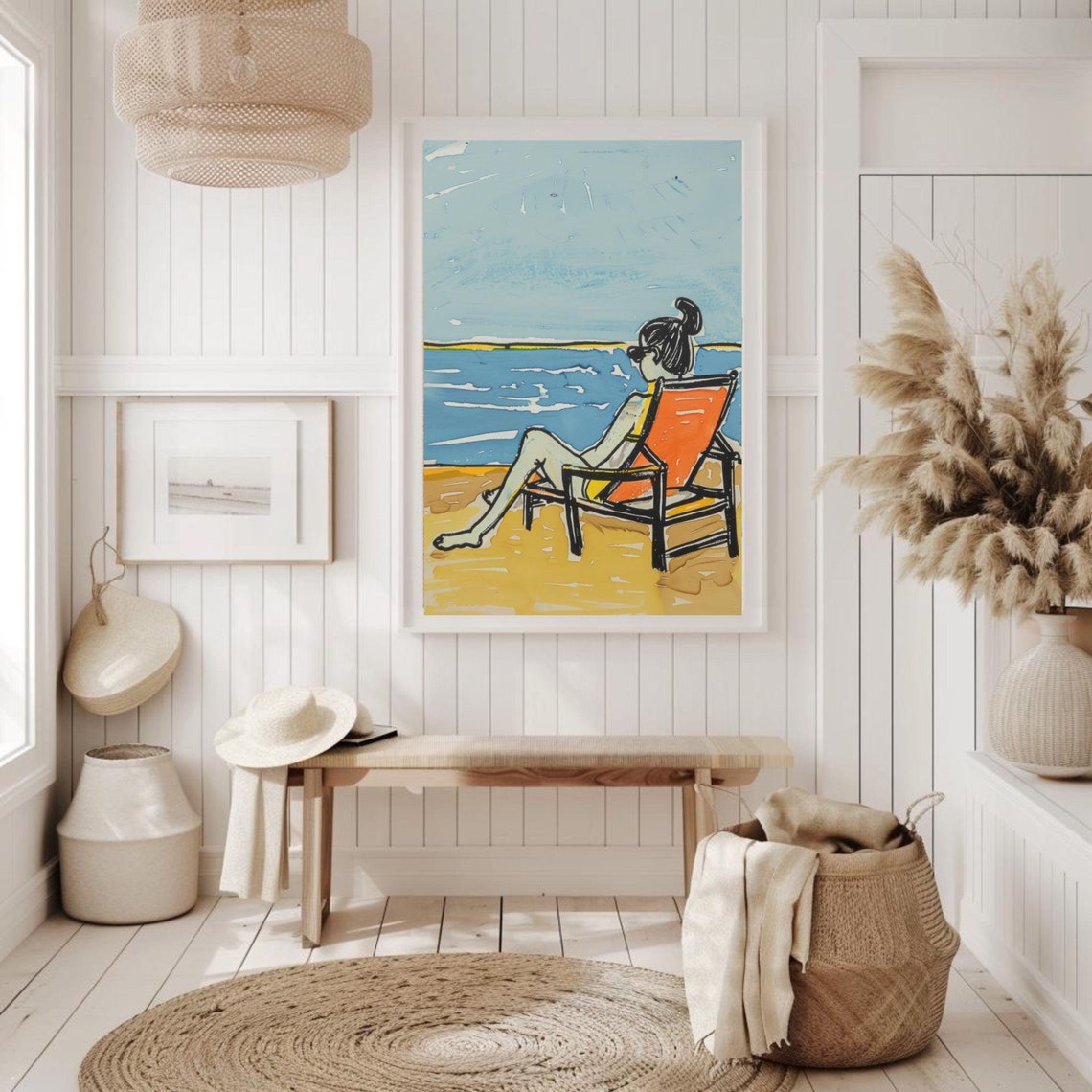 Woman Relaxing Beach Chair Ocean Coastal Illustration Poster