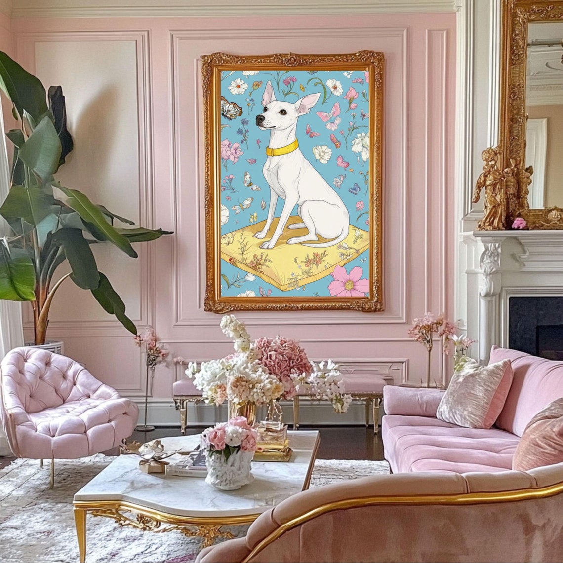Elegant White Dog Sitting on a Yellow Cushion in Floral Poster