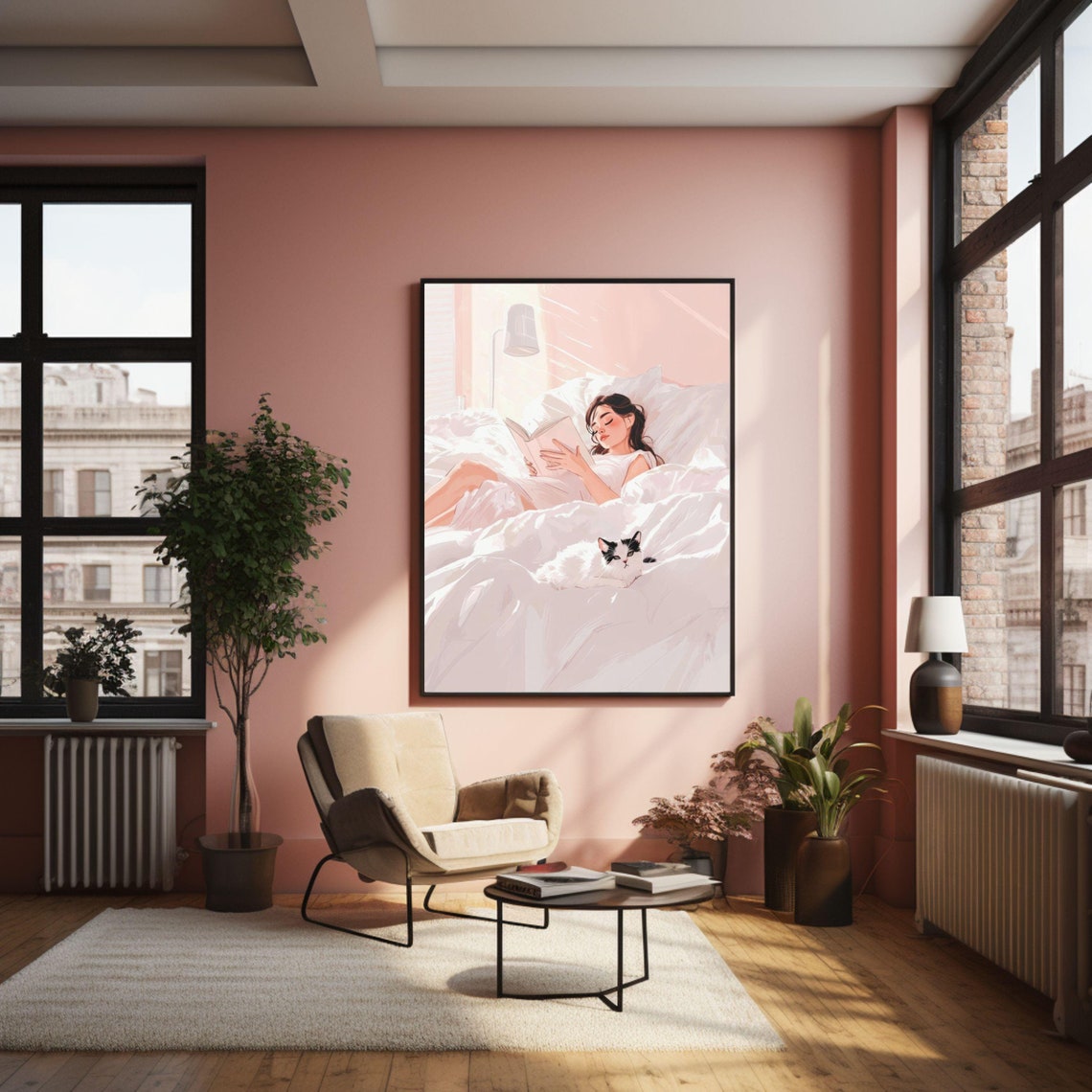 Woman Reading In Bed With Black And White Cat Cozy Pink Art Print